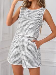 SHEIN Clasi 1 conjunto de top sin mangas y shorts de cuadros grandes para mujer, ropa profesional de otoño/invierno - Albaricoque - Ver 4