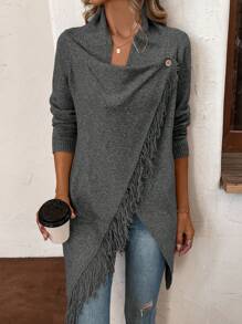 SHEIN LUNE Cárdigan de manga larga con cuello drapeado, cruce, adornado con flecos y bajo asimétrico de unicolor