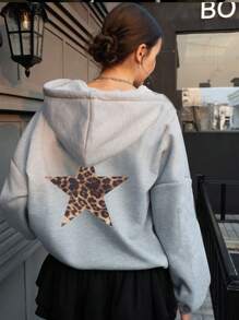 INAWLY Leopard Print & Star Design Hoodie,Long Sleeve Tops Fall Cloth For Women - Light Grey - View 1