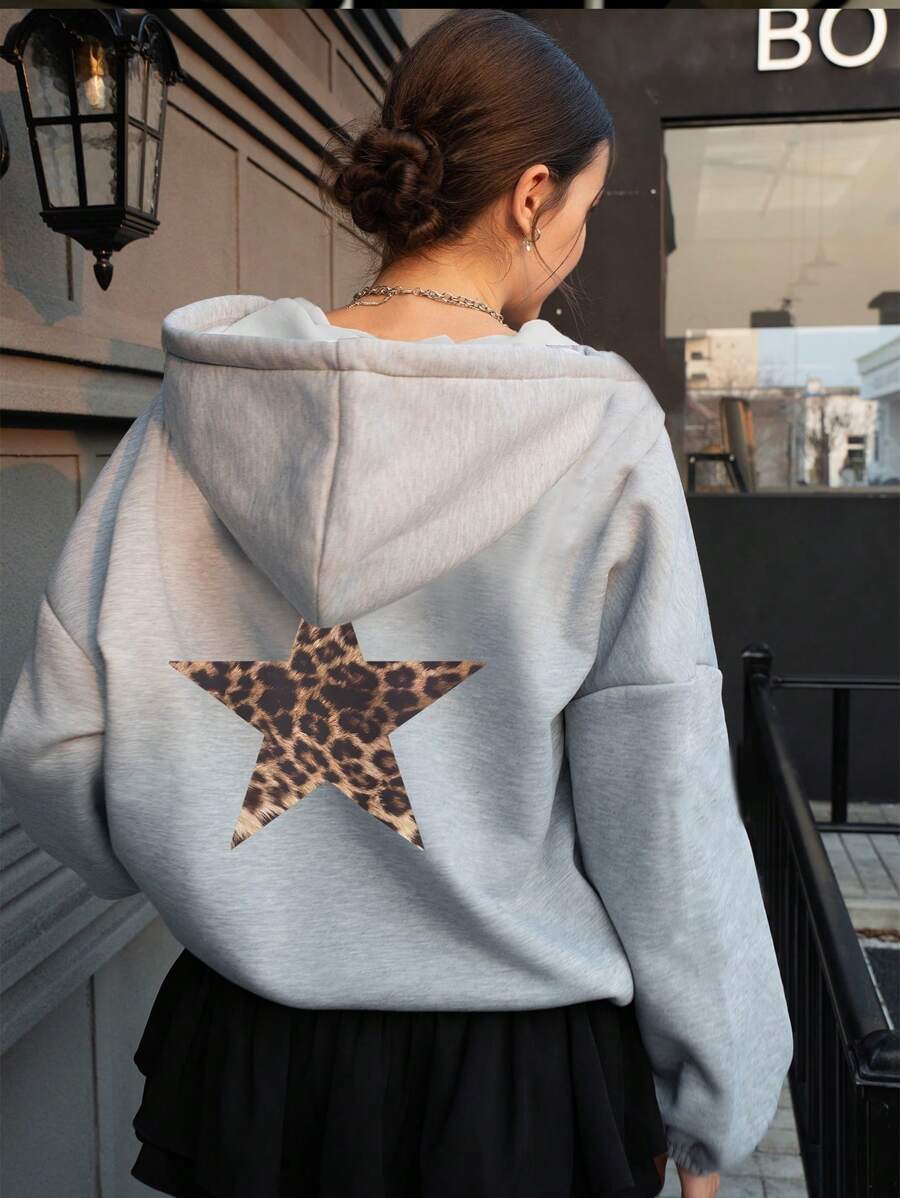 INAWLY Leopard Print & Star Design Hoodie,Long Sleeve Tops Fall Cloth For Women - Light Grey - View 1