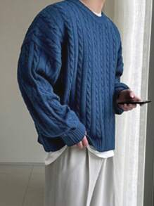 DAZY 1pc Men's Autumn Navy Blue Ribbed Twisted Flower Pattern Sweater - Blue - View 6