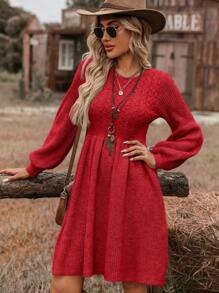 SHEIN VCAY Women's Casual Vacation Linen Patchwork A-Line Waisted Long Sleeve Crew Neck Midi Dress For Autumn/Winter