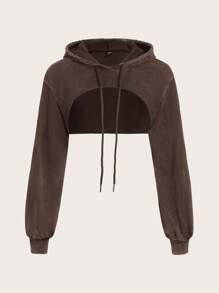 Muchica Ladies' Solid Acid Washed Look Vintage Drawstring Detail Super Crop Hoodie - Brown - View 1