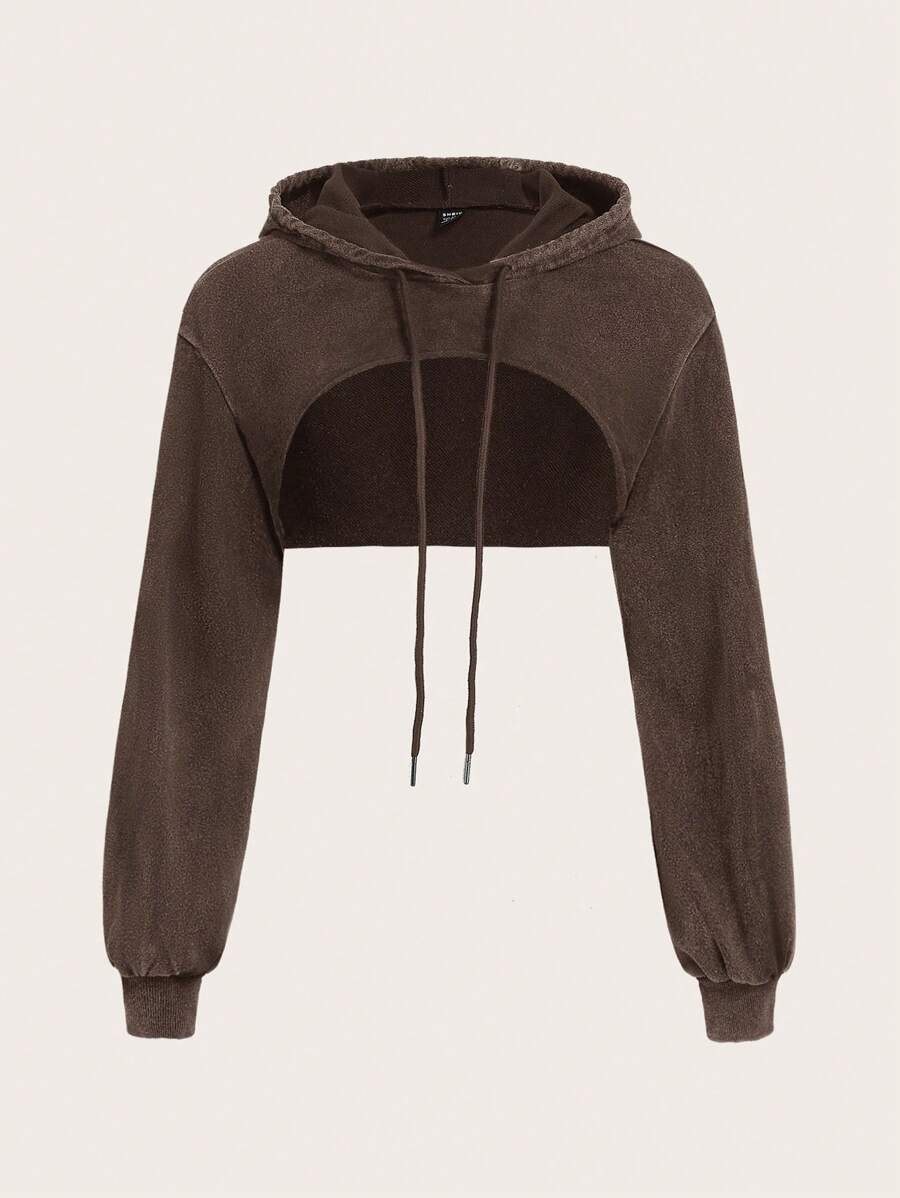 Muchica Ladies' Solid Acid Washed Look Vintage Drawstring Detail Super Crop Hoodie - Brown - View 1
