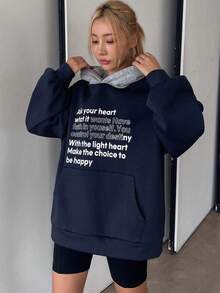 DAZY Color Block Patchwork Thermal Lined Hoodie Sweatshirt With Letter Print For Women,Fall Clothes