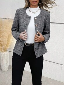 Chiquease Ladies' Elegant Casual Fall/Winter Wool Blend Long Sleeve Blazer - Black - View 6