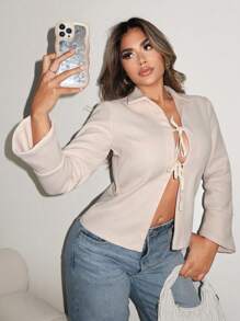 Zolique Casual Solid Color Tie-Up Short Overcoat, Autumn Fall Cloth For Women - Apricot - View 3