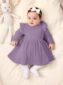 SHEIN 新生女婴休闲纯色针织弹力长袖连衣裙 - 淡紫色 - 查看 5