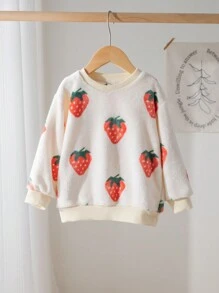 SHEIN 年轻女孩针织草莓图案宽松圆领蓬松休闲运动衫 - 彩色 - 查看 3