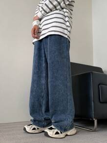 Claim Dot Men's Light Blue Distressed Wide Leg Denim Knit Jeans - Light Wash - View 8