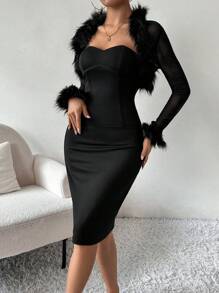 Firerie 3pcs Women Set: Black Feather Patchwork Jacket, Tube Top And Mini Skirt