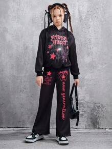 SHEIN Explorewe 2pcs/Set Goth Punk Stylish Graphic Print Fleece Sweatshirt Set For Tween Girls - Black - View 5