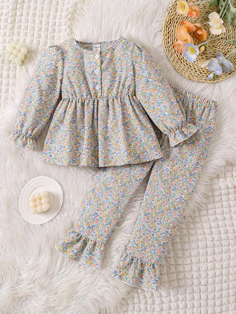 2 pezzi Set di pigiami casual a maniche lunghe con stampa floreale per ragazze, abbigliamento comodo per la casa - Multicolore - Visualizzare 1