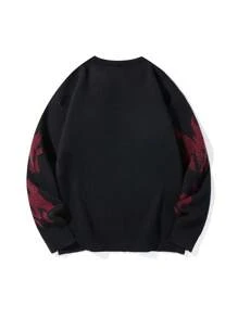 Manfinity Roghcode Áo len dài tay cổ tròn họa tiết ngọn lửa thường ngày cho nam, mùa thu/đông - màu đen - Xem 2