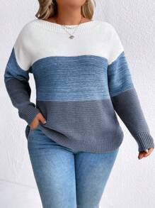 SHEIN LUNE Plus Size Women Contrast Color Round Neck Drop Shoulder Long Sleeve Casual Sweater, Autumn/Winter Knit Pullover Fall Outfit