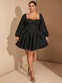 SHEIN BAE Plus Size Women's Autumn And Winter Long-Sleeved Breast Cup Details Sweet Hot Girl Puff Sleeves Breast Cup Details Black Puffy Mini Halloween Dress - Black - View 3