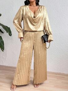 Celure 2pcs Plus Size Metallic Loose Blouse Top & Wide Leg Pleated Pants Set For New Year Holiday Party Clothes