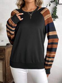 EMERY ROSE Women Casual Striped Splice Raglan Sleeve Sweatshirt, Autumn - Black - View 4