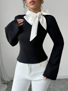 Elenzga 1pc Women's Black Bowknot Bell Sleeve Blouse Women Shirt