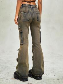 ROMWE Grunge Punk Distressed Women Flare Leg Jeans, Retro Punk Street Style - Grey - View 4