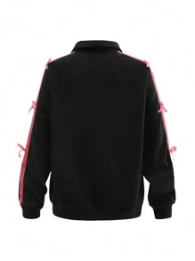 SHEIN Explorewe 少女 2 件蝴蝶装饰拉链夹克和裤子运动装，适合春秋季节 - 黑色 - 查看 4