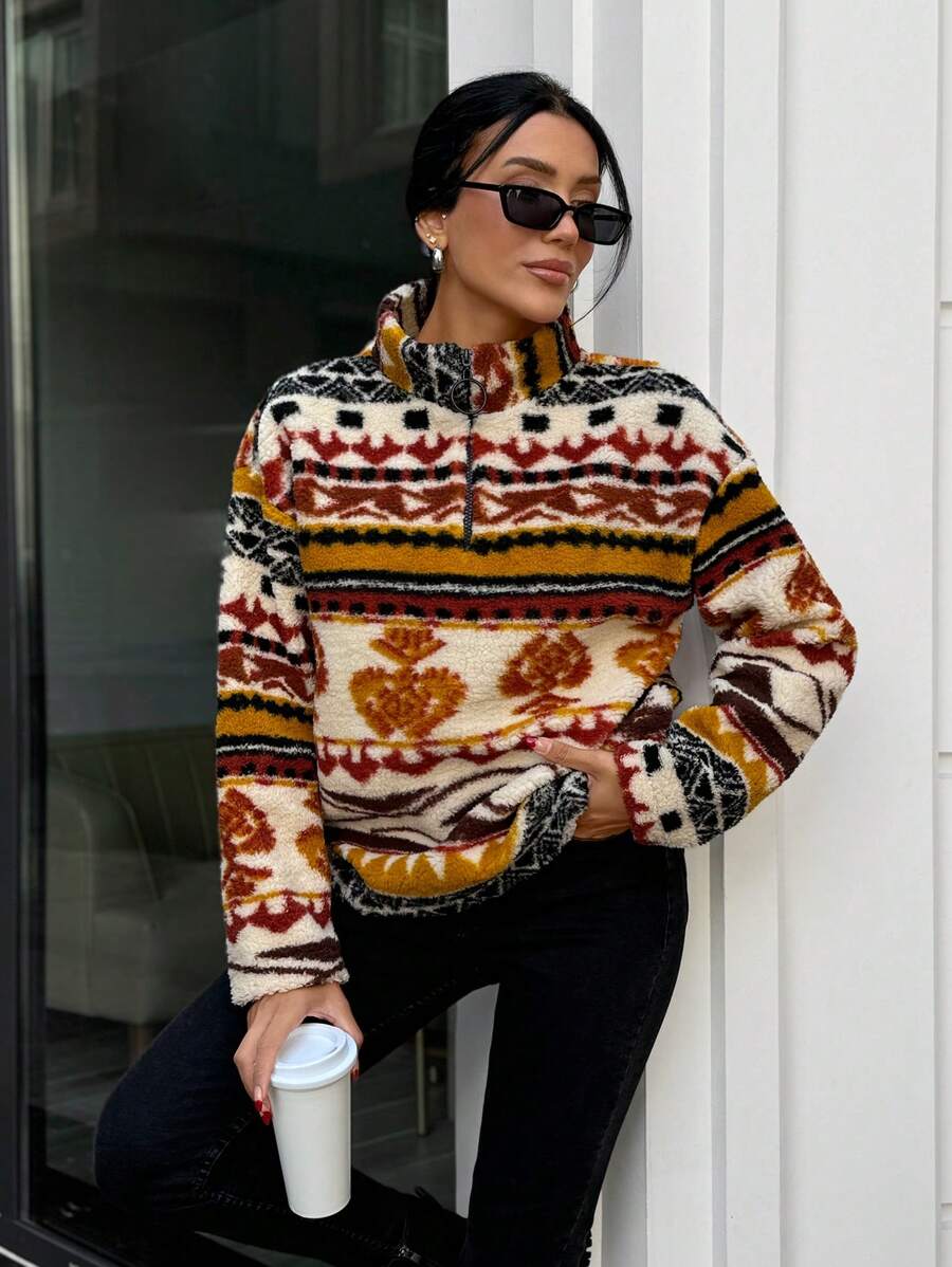 EURMUSE Geo Print Half Zip Drop Shoulder Sweatshirt - Multicolor - View 1