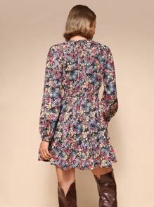 Calvaya Women Floral Print Tie Neck Casual Long Sleeve Dress