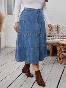 SHEIN LUNE Plus Size Casual Everyday Front Button Ruffle Hem Denim A-Line Skirt, Autumn