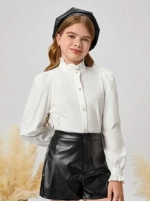 SHEIN Tween Girl Loose Solid Color Puff Sleeve Shirt - White - View 4