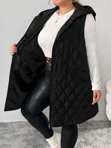 SHEIN CURVE+ 大码翻盖口袋连帽绗缝背心外套，适合冬季 - 黑色 - 查看 9