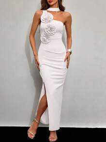 SHEIN Clasi 女式无袖纯色 3D 花卉装饰开衩下摆连衣裙