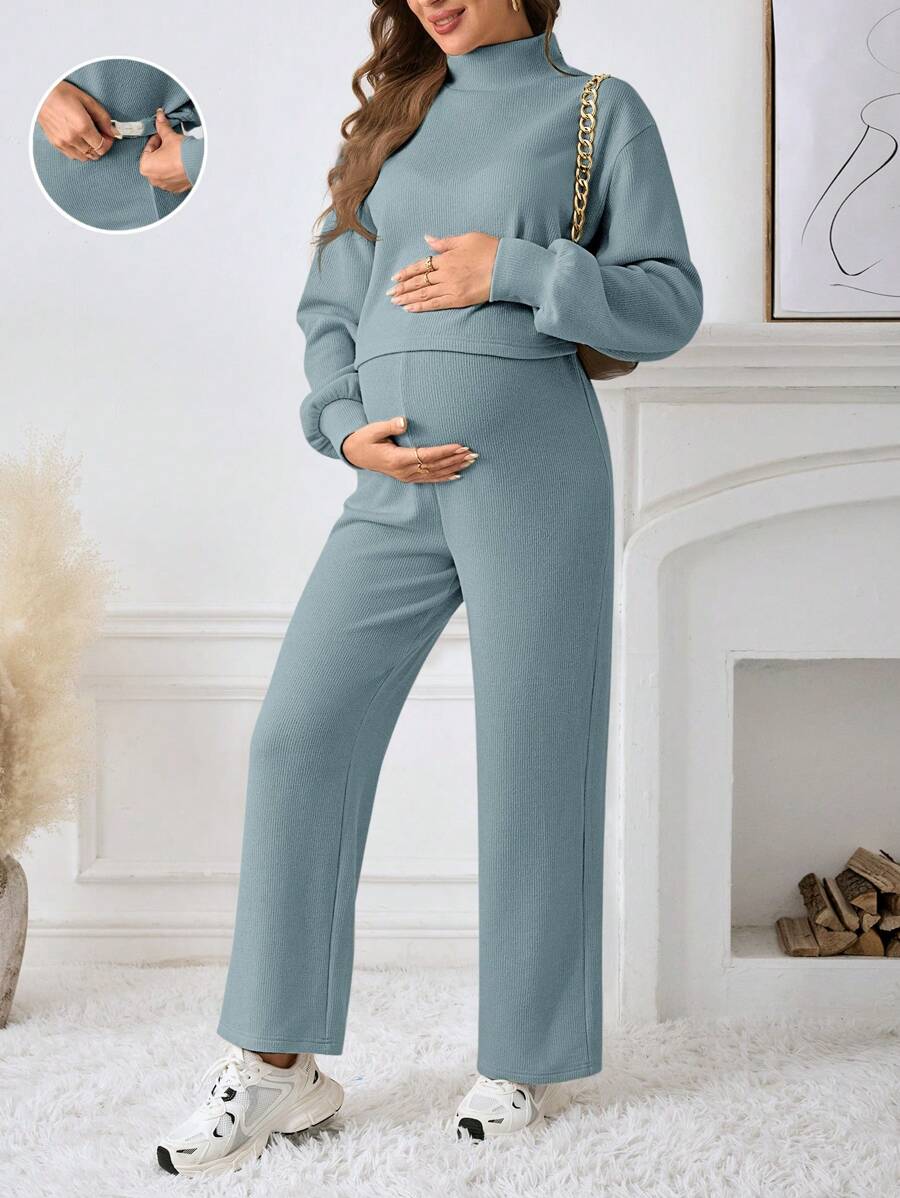 SHEIN Maternity Summer Outfits Mock Neck Drop Shoulder Long Sleeve Tee, Wide Leg Pants - Blue - View 1