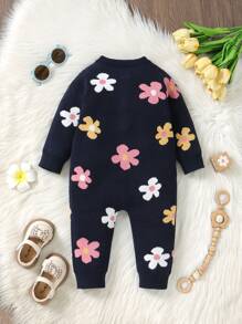 SHEIN Baby Girl Cute Navy Blue Floral Autumn Matching Family Romper,Floral Jacquard Round Neck Long Sleeve Knit Jumpsuit,Minimalist Casual Comfortable Warm - Black - View 2