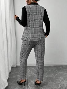 SHEIN Frenchy Bộ đồ vest nữ cổ đứng họa tiết Houndstooth cỡ lớn, không tay và quần dài, mặc đi làm thường ngày, mùa thu, trang phục đi nhà thờ - Đen và trắng - Xem 6