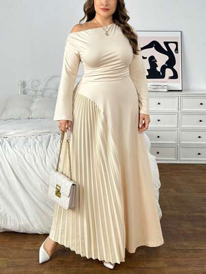 SHEIN Privé Plus Size Elegant Casual Shoulder Ruched Long Sleeve Dress For Women, Suitable For All Seasons, Event & Parties