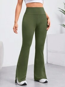 SHEIN EZwear 夏季服装纯色宽带腰部开衩下摆紧身裤 - 軍綠色 - 查看 3