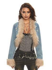 ROMWE Grunge Punk Vintage Millennium Star Patch Frayed Hem Cropped Women Denim Jacket - Blue - View 6