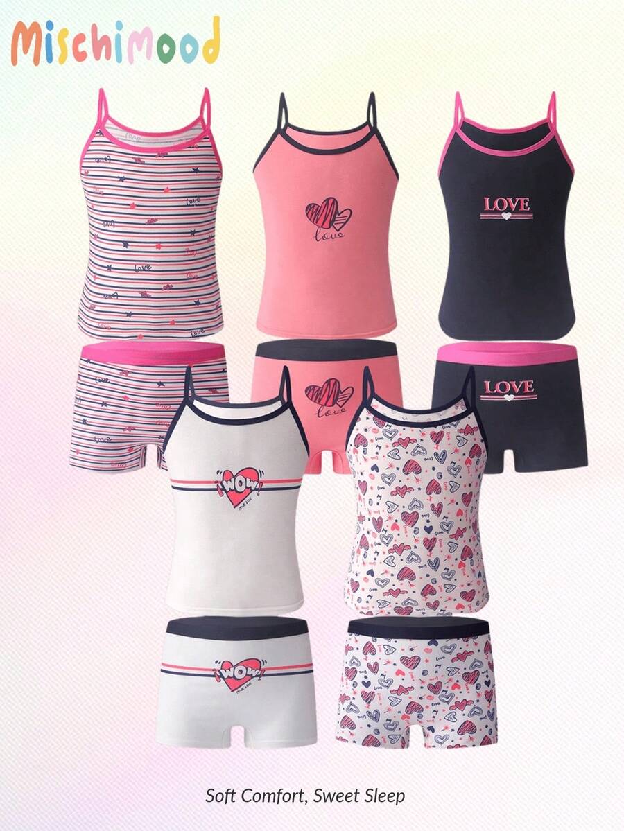 Young Girls' Simple Heart Printed Camisole Top And Briefs Underwear Set - Multicolor - View 1