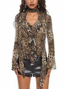 ROMWE Grunge Punk Y2k Sexy Modern Leopard Print Ruffled Collar V-Neck Waist Fit Blouse For Women - Multicolor - View 4