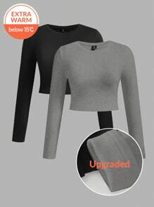 SHEIN BASICS 2 件纯色针织圆领长袖修身短款 T 恤，升级保暖面料，保暖内衬，不显臃肿，基本款弹性百搭秋冬女式上衣 - 淺灰色 - 查看 11