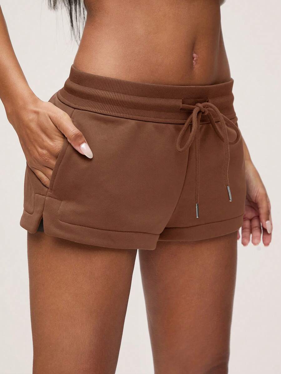 SHEIN BASICS Women's Comfortable Low Waist Sports Shorts With Slit, Casual Home Wear, Summer - Khaki - View 1