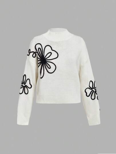 SHEIN MOD Winter Season,White,Elegant Women's Floral Trim Turtleneck Women Sweater,Rope Embroidery,
Pullover Sweater