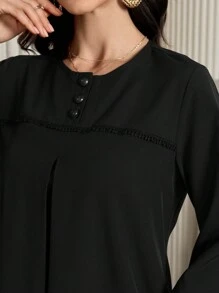 Al Najma Women Solid Color Button Decorated Half-Placket Lantern Sleeve Elegant Arabian Dress, Casual Modest Long Sleeve Tunic Maxi Arabian Dresses, For Casual Daily/Homewear