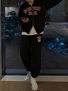 DAZY Letter Print Thermal Lined Sweatshirt Set For Men, Autumn