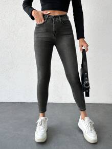 EURMUSE 97%棉 女士修身七分牛仔裤 - 深灰色 - 查看 3