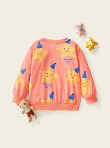 SHEIN 1pc Young Girl Cute/Retro/Casual/Back To School Star Pattern Long Sleeve Crew Neck Sweatshirt, Suitable For School And Outings, Spring/Autumn/Winter - Pink - View 2