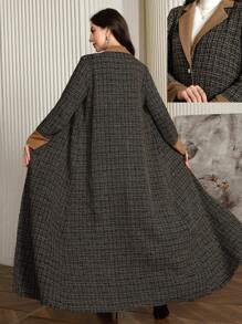 Al Najma 优雅拼色翻领格子长袍，秋冬季，优雅开放式长袍，适合休闲日常/旅行/度假，朴素的长袖阿拉伯长袍 - 棕色 - 查看 1