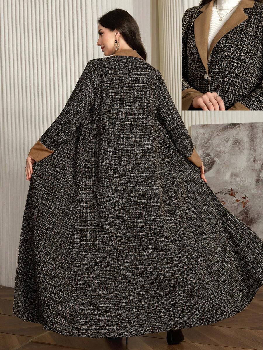 Al Najma 优雅拼色翻领格子长袍，秋冬季，优雅开放式长袍，适合休闲日常/旅行/度假，朴素的长袖阿拉伯长袍 - 棕色 - 查看 1