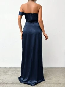 SHEIN 女士优雅性感纯色露肩高开叉超长连衣裙 - 藏蓝色 - 查看 2