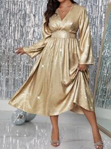 Allurite Váy Maxi lấp lánh kim loại cỡ lớn, tay loe, eo thắt, cổ chữ V, viền loe, váy bóng cho tiệc năm mới - Vàng - Xem 7